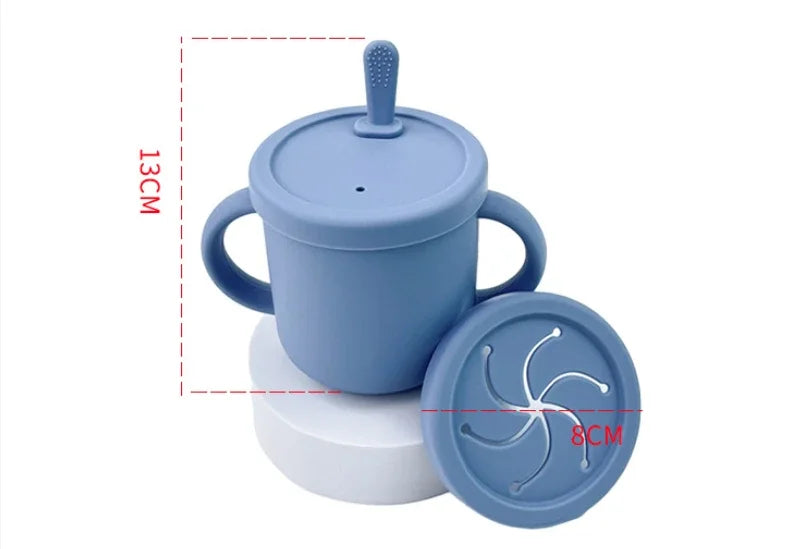 Blue silicone baby training cup with handles, straw lid, and snack lid, 13cm tall, 8cm wide.