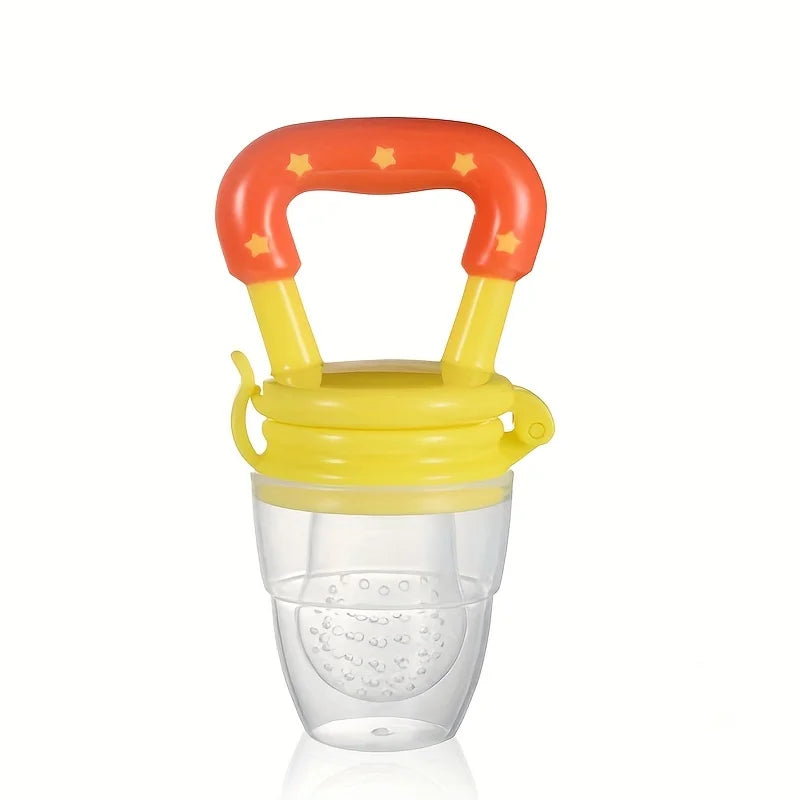 Baby silicone fruit feeder with yellow lid and red star-patterned handle