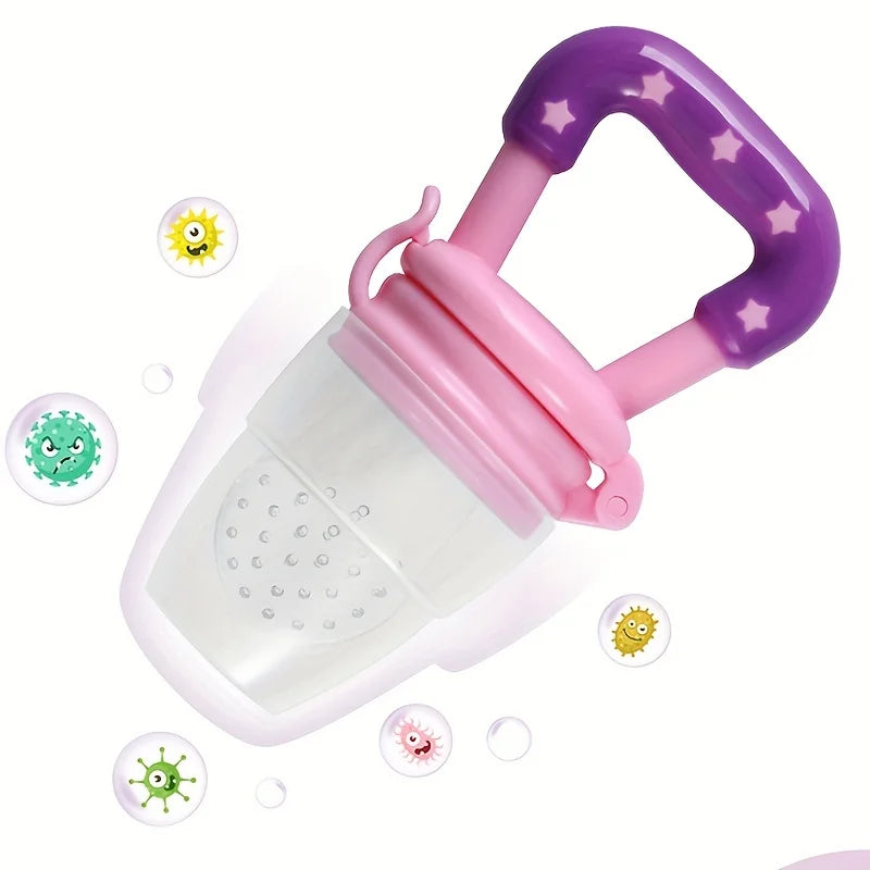 Baby food feeder with pink and purple star handle, surrounded by cute cartoon germs.