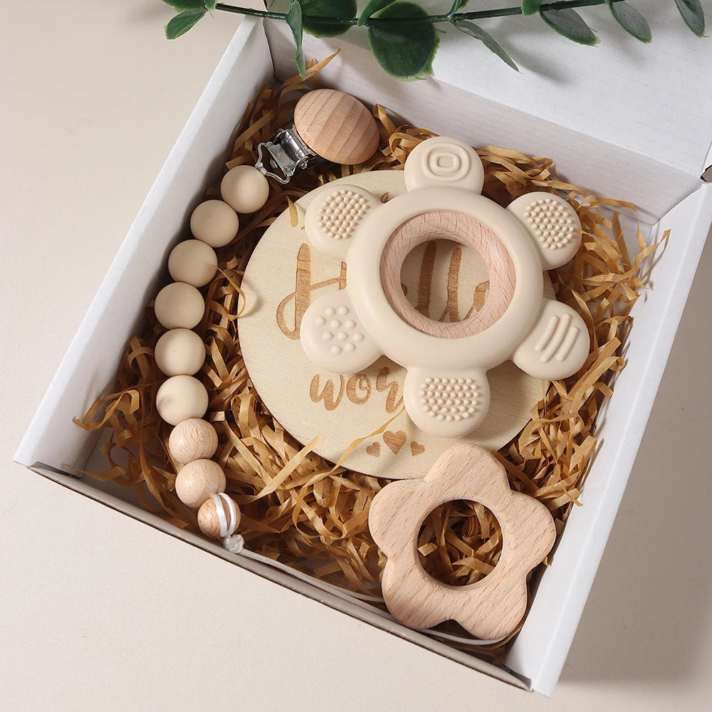 4 piece flower teething gift set
