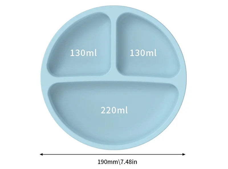 Blue silicone baby plate with three divided sections and labeled capacities, 190mm diameter