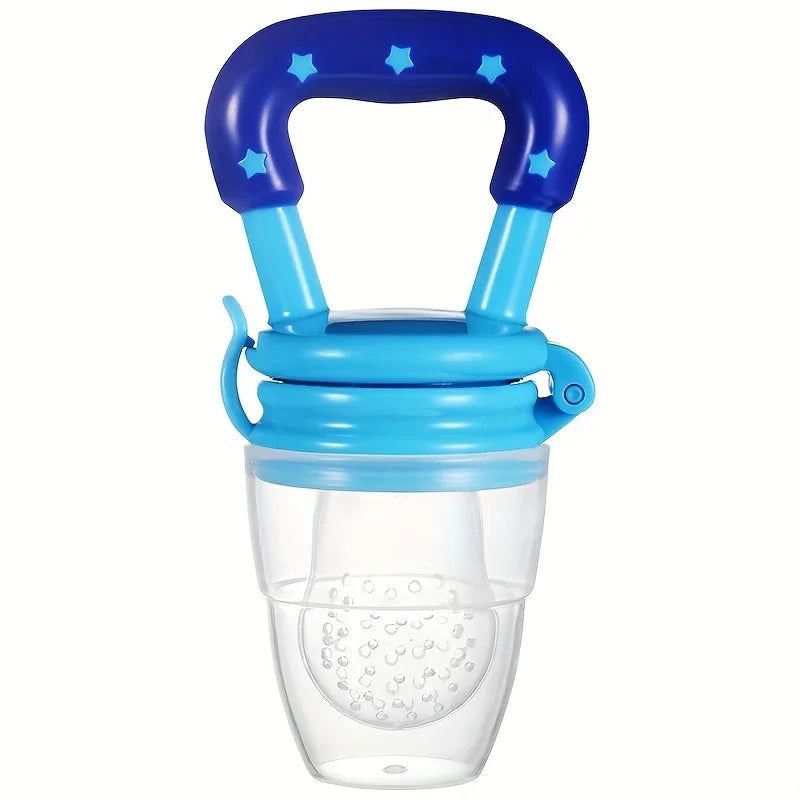 Blue and clear baby food feeder with handle and star accents, designed for infants.
