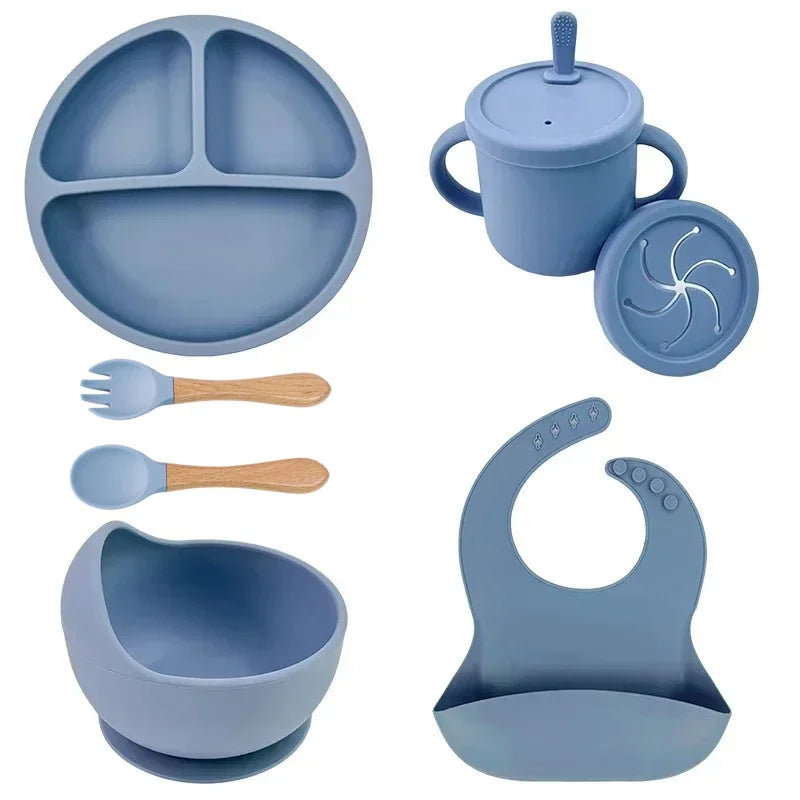 Blue silicone baby feeding set with plate, bowl, bib, utensils, snack cup and sippy cup