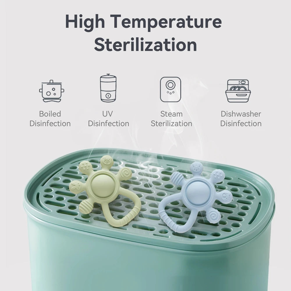 Silicone baby teethers on a sterilizer with text showing high temperature sterilization methods