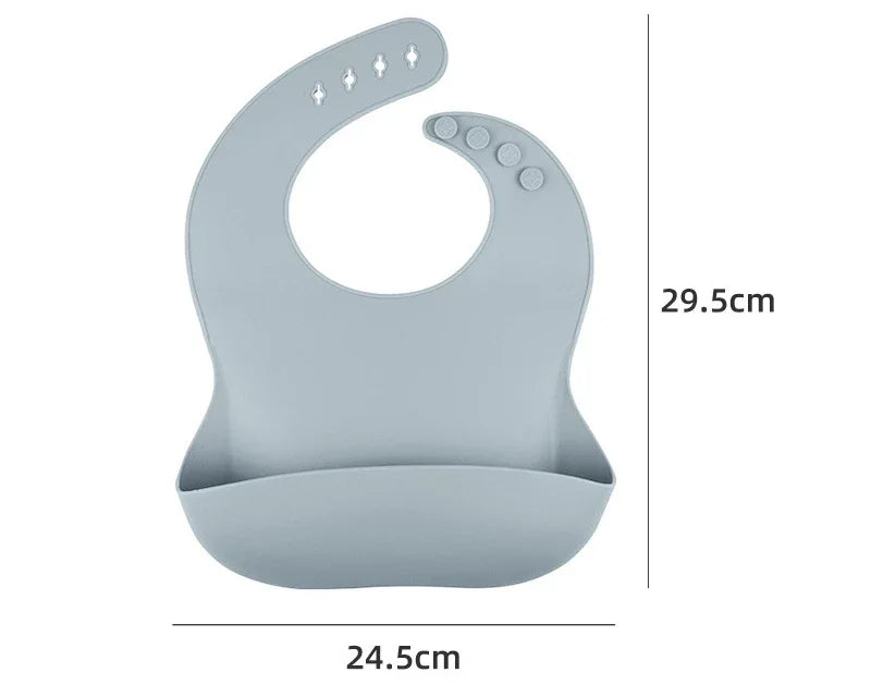 Light grey silicone baby bib with adjustable buttons and food catcher, 29.5cm x 24.5cm