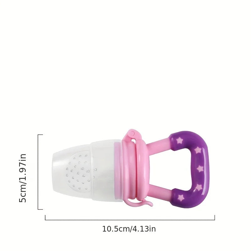 Pink and purple baby fruit feeder pacifier with handle and measurements, teething accessory