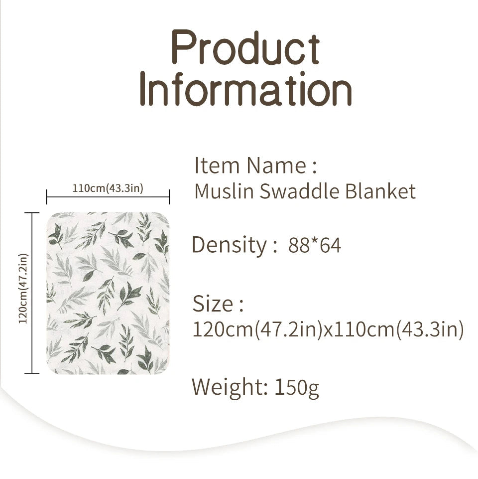 Muslin swaddle blanket with green leaf pattern, size 120x110cm, baby blanket product info.