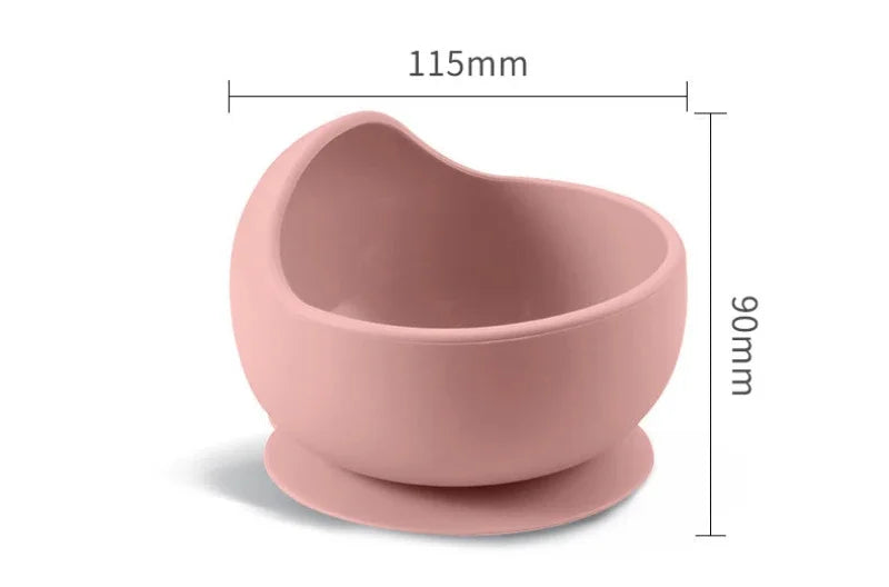 Pink silicone baby suction bowl with 115mm width and 90mm height measurements.