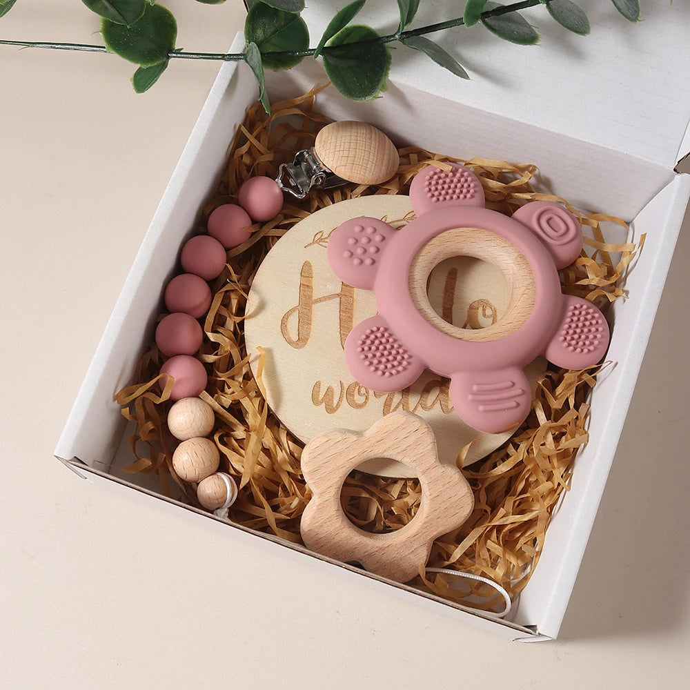 4 piece flower teething gift set