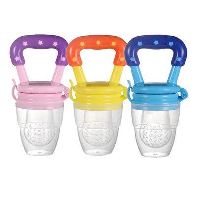 Three colorful baby fruit feeders with star-patterned handles in pink, yellow, and blue.