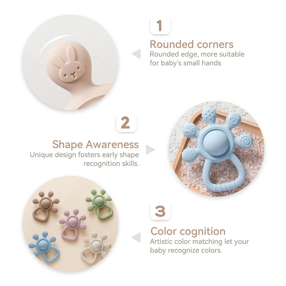 Baby teether toy with rounded corners, soft colors, and unique shapes for sensory development