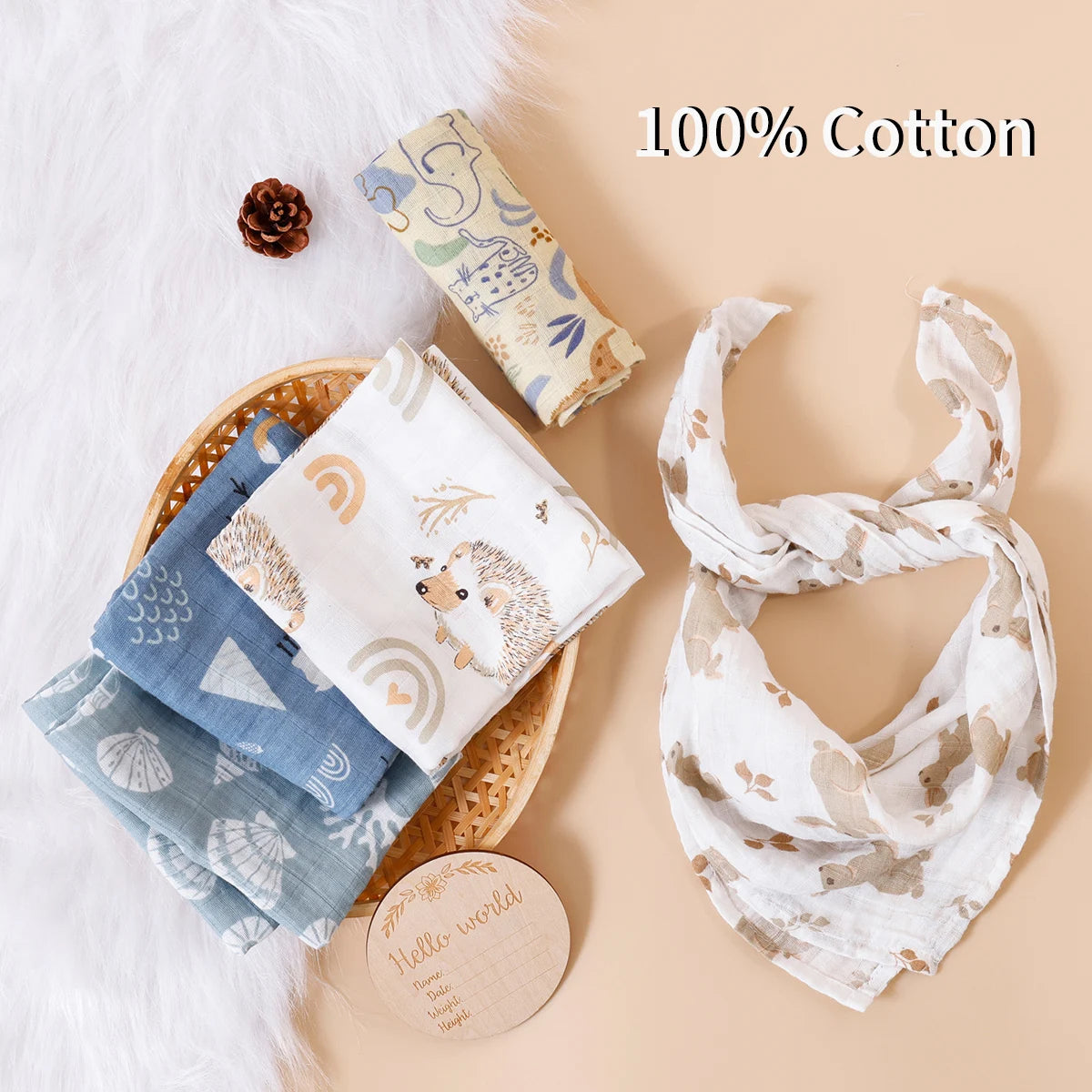 Assorted 100% cotton baby muslin swaddles with cute animal and rainbow prints on soft background.